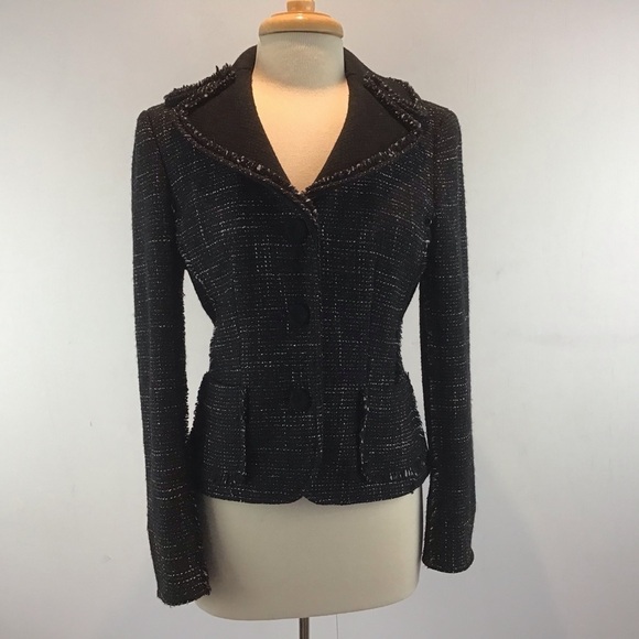 Ann Taylor black and white tweed wool blend blazer fringe edged blazer size 6 - Picture 1 of 14